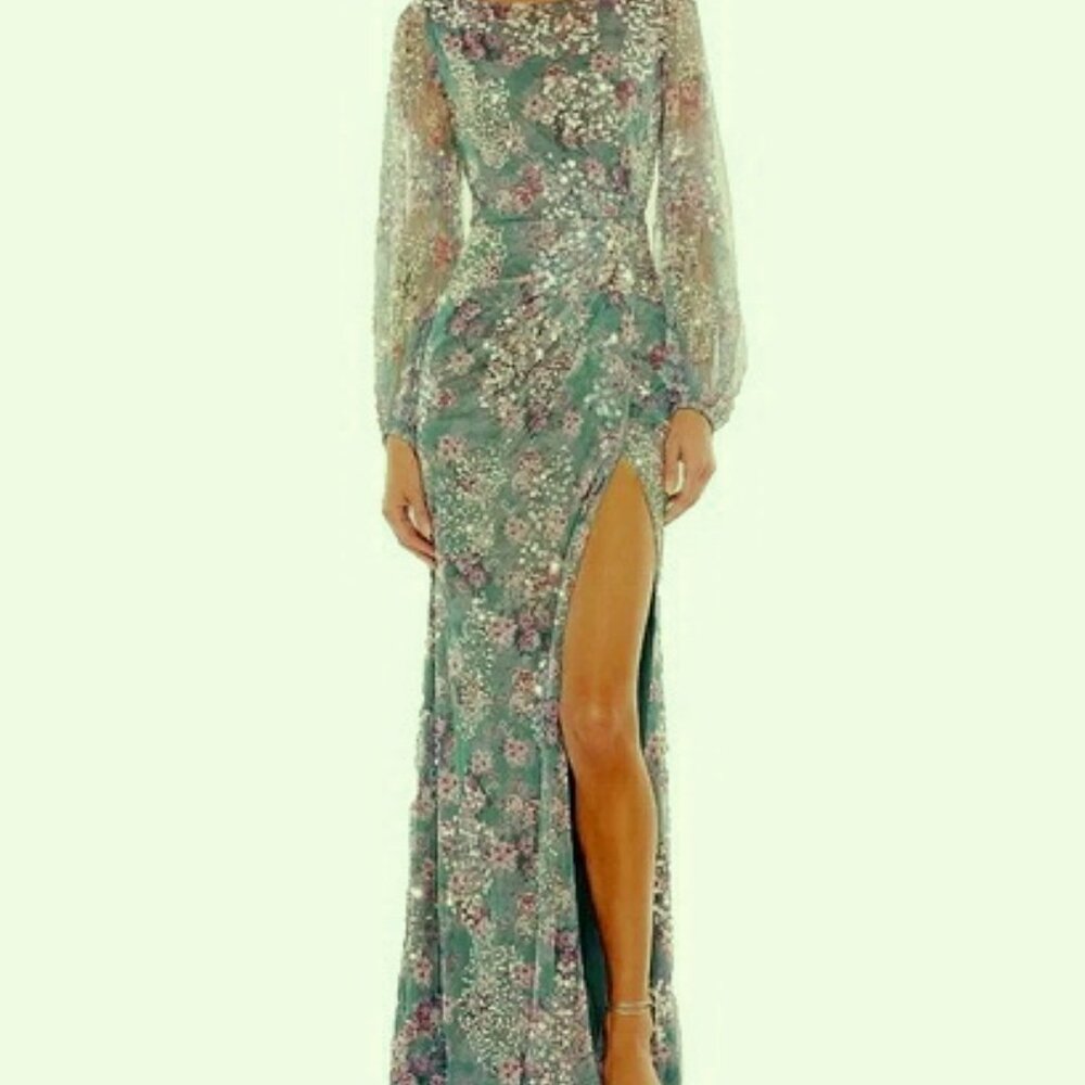 Mac Duggal Green Grey Floral Printed Sequin Formal Slit Gown - Picture 2 of 5